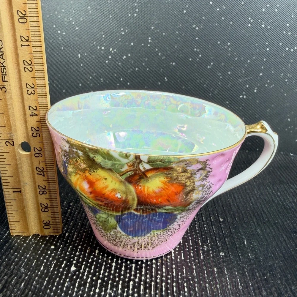 Royal Halsey Very Fine Pink Fruit Reticulated Tea Cup and Saucer Set Gold Gilt